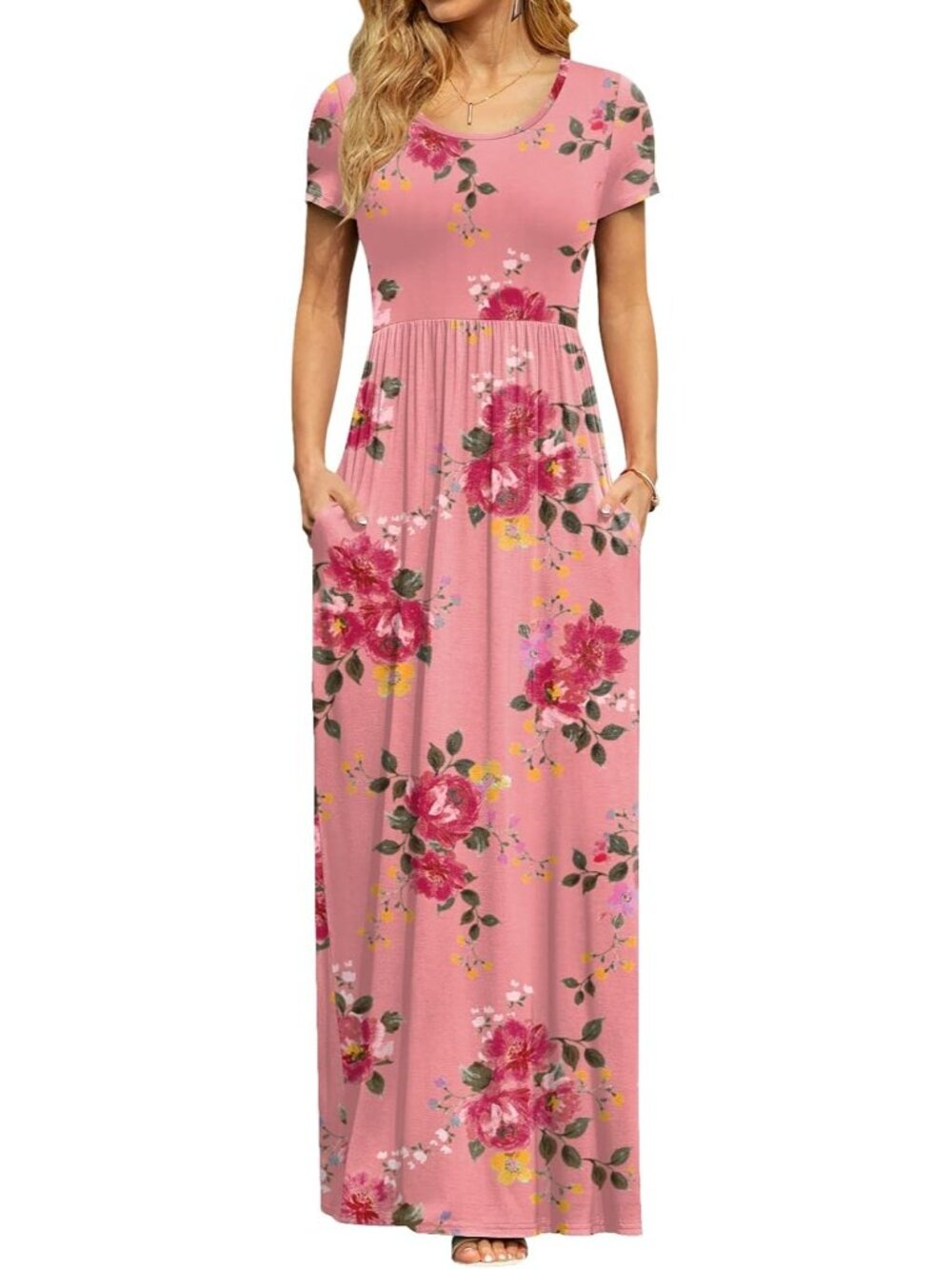 〽️Womens Pink Floral Summer Maxi Dress Short Sleeve Pockets Empire Waist Long